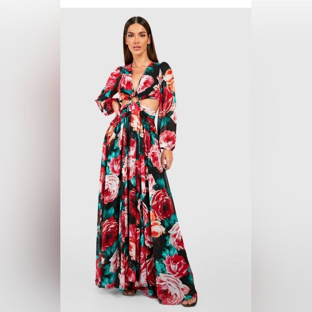 boohoo Floral Ring Detail Cut Out Maxi Dress Black Peasant Fairy Long Sz 12 Rose